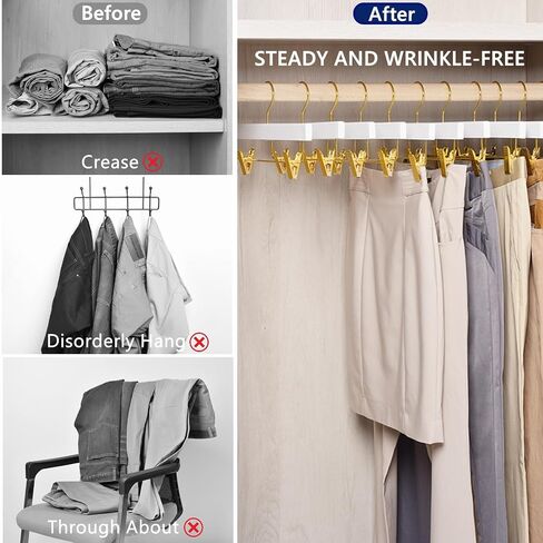 Amber Home 24 Pack White Wooden Pants Hangers with Gold Clips, Wood Skirt Hangers Trouser Hangers with Gold Hook for Jeans, Slacks, Shorts in Saudi Arabia