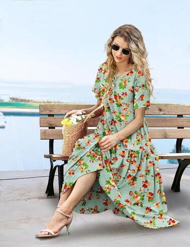فستان YESNO نسائي كاجوال فضفاض بوهيمي منقوش عليه زهور مع جيوب وأكمام قصيرة وطويلة للصيف فستان متأرجح للشاطئ EJF in Saudi Arabia