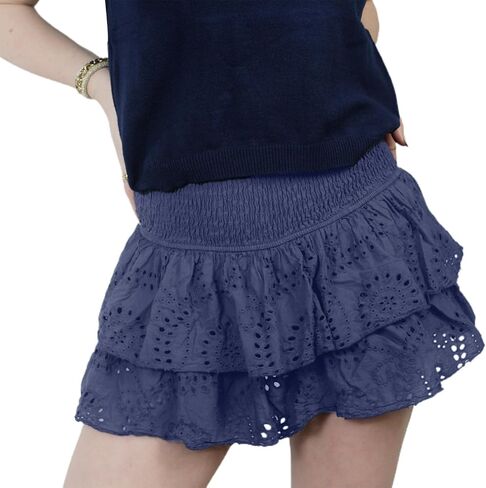 Pivanzore Women Floral Lace Mini Skirts Y2K Low Waist Pleated Ruffled Hem Layered Skirts Short Skirts Aesthetic Streetwear in Kuwait