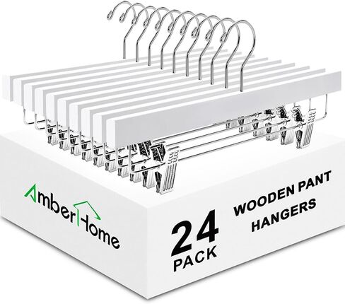 Amber Home 24 Pack White Wooden Pants Hangers with Gold Clips, Wood Skirt Hangers Trouser Hangers with Gold Hook for Jeans, Slacks, Shorts in Saudi Arabia