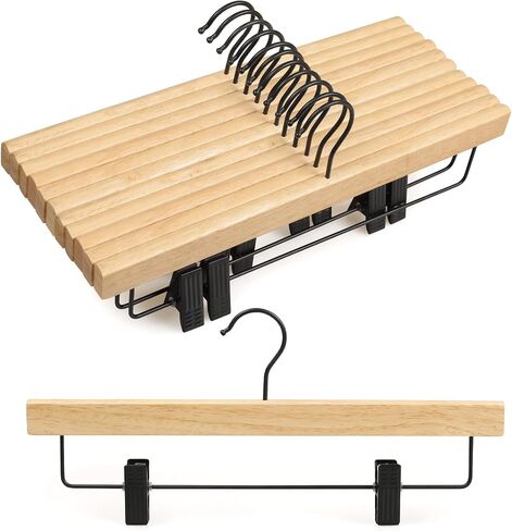 شماعات السراويل TOPIA HANGER، 20 قطعة، شماعات ملابس خشبية مع مشابك سوداء وخطاف قابل للدوران، شماعات خشبية متينة من المطاط الطبيعي للتنانير والسراويل والجينز والسراويل القصيرة - CTS05N in Kuwait