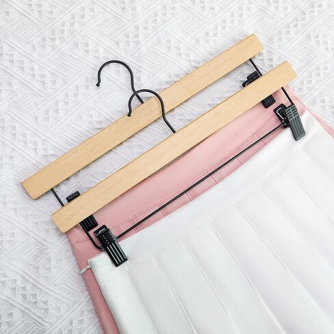 شماعات السراويل TOPIA HANGER، 20 قطعة، شماعات ملابس خشبية مع مشابك سوداء وخطاف قابل للدوران، شماعات خشبية متينة من المطاط الطبيعي للتنانير والسراويل والجينز والسراويل القصيرة - CTS05N in Kuwait