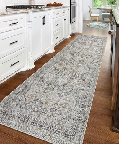 Lahome Vintage Kitchen Runner Rug, Washable Runners for Hallway 2x10 Long Runner Rug Non Slip Entryway Runner Indoor, Grey Geometric Stain Resistant Carpet Runners for Kitchen Floor Hallway in Saudi Arabia