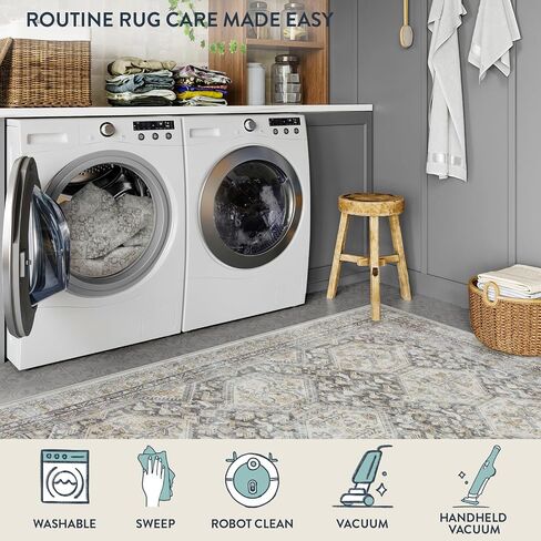 Lahome Vintage Kitchen Runner Rug, Washable Runners for Hallway 2x10 Long Runner Rug Non Slip Entryway Runner Indoor, Grey Geometric Stain Resistant Carpet Runners for Kitchen Floor Hallway in Saudi Arabia