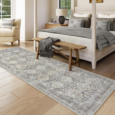 Lahome Vintage Kitchen Runner Rug, Washable Runners for Hallway 2x10 Long Runner Rug Non Slip Entryway Runner Indoor, Grey Geometric Stain Resistant Carpet Runners for Kitchen Floor Hallway in Saudi Arabia