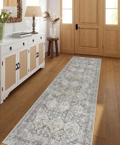 Lahome Vintage Kitchen Runner Rug, Washable Runners for Hallway 2x10 Long Runner Rug Non Slip Entryway Runner Indoor, Grey Geometric Stain Resistant Carpet Runners for Kitchen Floor Hallway in Saudi Arabia