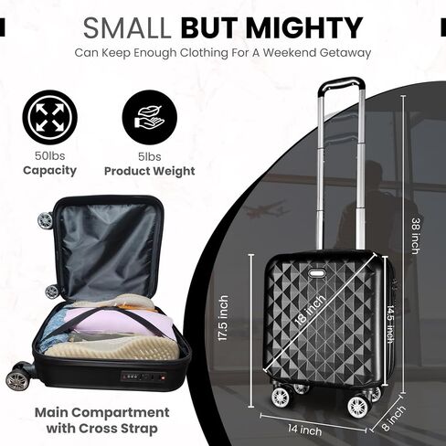 Hard Shell Carry-On Suitcase 18x14x8 - TSA Lock, Cup Holder, Extendable Handle, & Wheels - Fits Under Seat, Ideal for Airlines - Personal Item Roller Bag in Saudi Arabia