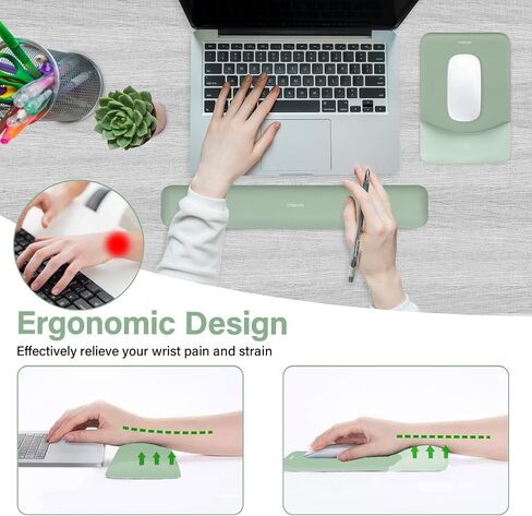 MOSISO Keyboard Wrist Rest & Mouse Pad with Wrist Rest, Green | Rectangular Ergonomic Mousepad, Non-Slip Base, Home/Office Pain Relief & Easy Typing, Neoprene Cloth & Raised Silicone Lining in Kuwait