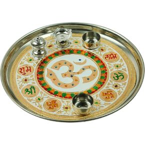 Minakari Pooja Thali Plate Platter Engagement Plate Decorative Steel Puja Thali with Essential Pooja Articles for Aarti Pooja Rituals Festival Pooja Decoration Wedding Decorations (Size- 10")