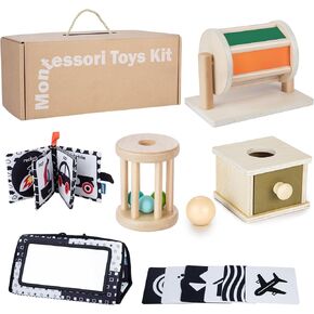 Early Learning Toy for 0-6 Months, Montessori Baby Toys 6 in 1 Learning Educational Set - Object Permanence Box, Baby Roller, Spinning Drum, Black and White High Contrast Baby Toys, Tummy Time Mirror