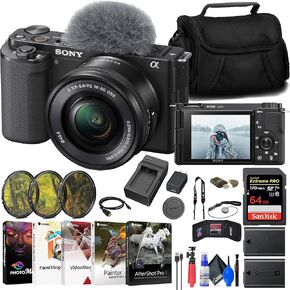 Sony ZV-E10 Mirrorless Camera with 16-50mm Lens (White) (ILCZV-E10L/W) + 64GB Memory Card + Filter Kit + External Charger + NPF-W50 Battery + Card Reader + Corel Photo Software + More (Renewed)
