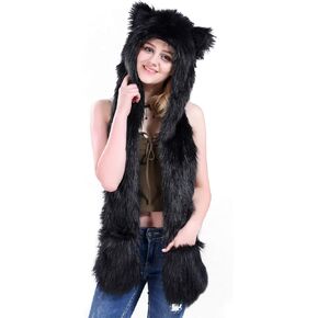 Faux Fur Animal Hat Plush Warm 3-in-1 Hat Scarf Gloves Set Cosplay Party Hat Winter Hood Cap for Halloween Christmas