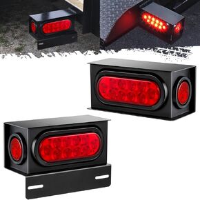 Partsam 2Pcs Steel Trailer Light Boxes Housing Kit, 6" Oval Red 10 LED Trailer Tail Lights Smoke Lens & 2" LED Smoked Black Red Round Side Lights 4LED w/Grommets and wire connectors