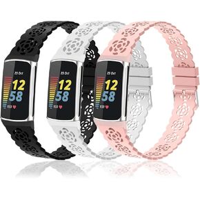 3-Pack Elastic Nylon & Slim Silicone Bands Compatible with Fitbit Charge 6/ Charge 5, Adjustable Breathable Replacement Stretchy Nylon Loop & Lace Silicone Wristband Sport Strap for Women Men