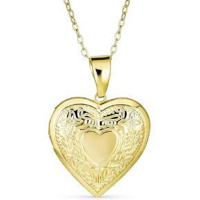 Bling Jewelry Personalized Vintage Antique Style Etched Leaf Scroll Holds Two Memory Photo Picture Oval Locket For Women 18K Gold Plated Customizable Pendant Necklace