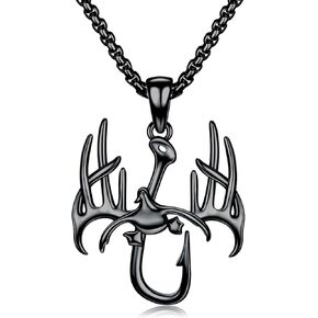 PROESS Fish Hook Necklace for Men 925 Sterling Silver Antler Duck Pendant Necklace Antler Fish Hook Hunting Jewelry Gifts for Father
