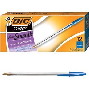 BIC Cristal Xtra Smooth Blue Ballpoint Pens, Medium Point (1.0mm), 12-Count Pack, Extra Smooth and Reliable Ballpoint Pens