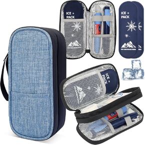 qiaofei Insulin Cooler Travel Case，2 * 180g Ice Packs for Double Cooling Time, Portable double layer Medication Cooler Bag for Insulin Pens and Blood Glucose Monitor Supplies Blue