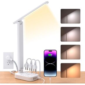 LED Desk Lamp Small Table Lamp with 3 Outlets 4 USB Ports(2 USBC), 4 Modes 6 Level Touch Dimmable Desk Light Eye-Caring Desk Lamp for Bedroom Living Room Home Office Study Reading Dorm Room Essentials