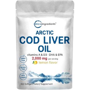Cod Liver Oil 2,000mg Per Serving, 360 Softgels | Lemon Flavored – Burpless – Wild Caught – Arctic Deep Sea Fish | High in Omega 3, EPA, DHA, Vitamins A, & D3 | Heart, Brain, & Immune Supplement