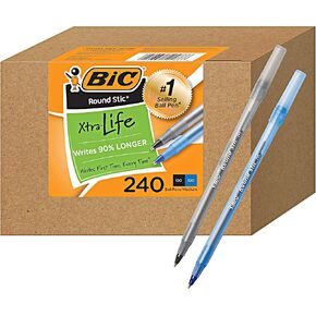 BIC PENS Large Bulk Pack of 240 Ink Pens, Bic Round Stic Xtra Life Ballpoint , Medium point 1.0 mm, 120 Black & 120 Blue Pens in Box Combo Pack