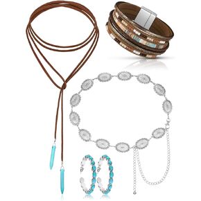 Nosiny 4 Pcs Bohemian Turquoise Jewelry for Set Women Western Waist Belt Vintage Drop Earring and Necklace Boho Wrap Bracelet