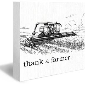 Thank a Farmer Wood Box Sign, Farmhouse Wooden Box Sign for Home Decor, Farmer Farmhouse Decor, Rustic Farmhouse Farmer Wooden Block Plaque Box Sign for Home Desk Shelf Table Decor