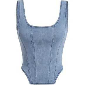 Verdusa Women's Zip Up Back Asymmetrical Scoop Neck Sleeveless Denim Crop Tank Top