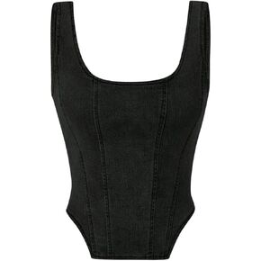 Verdusa Women's Zip Up Back Asymmetrical Scoop Neck Sleeveless Denim Crop Tank Top