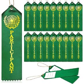 Participant Award Ribbon with Event Card and String Place Ribbons for Kids Competition, Sports Event, Contests, Office Team, Green, 100th Day of School(45 Pieces)