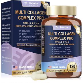 18-in-1 Collagen Pro with Hyaluronic Aicd, Keratin, Biotin, VIT A C & E for Skin, Hair, Nails, Joint & Beauty - Multi Collagen Peptides Capsules with Type I II III V & X for Women & Men - 120 Caps