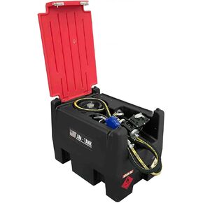 Portable fuel tank 58gl GASOLINE and DIESEL with 12V pump, 13ft hose, automatic nozzle and covering lid.