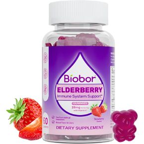 Natural Elderberry Gummies, Daily Immune Support Gummies with Vitamins C for Adults and Children Ages 4 Up,Low Sugar Gluten Free Vegan Elderberry Supplement (Strawberry, 60 Count)