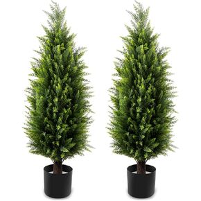 Two 3.5FT (42 inch) Artificial Cedar Topiary Trees,Front Porch Decor/Faux Plants Outdoor,Beautiful Realistic Faux Cedar Pines,UV Protection, Used for Indoor, Outdoor, Garden, Artificial Plants.