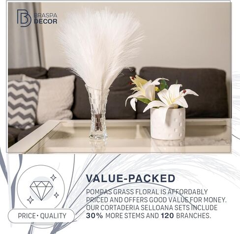 Artificial 17 Inch White Pampas Grass Bouquet - Faux Pampas Grass White for Centerpiece Table Decor - Ideal Vase Filler for Boho Chic Home, Wedding Decorations & Mother's Day in Kuwait