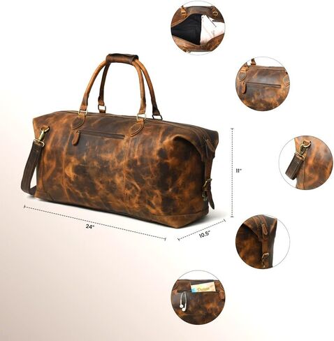 GRATLIN Leather Duffel Bags for Men and Women 24 Inch | Full Grain Leather Travel Overnight Weekend Duffle Bag | Carry On Garment Mens Holdall Bag for Gym Sports | Vintage Classic Cabin Luggage Bag in Kuwait