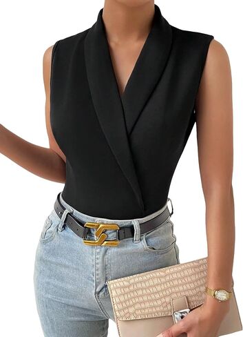 OYOANGLE Women's Elegant Sleeveless V Neck Shawl Collar Wrap Front Work Office Bodysuit Top in Saudi Arabia