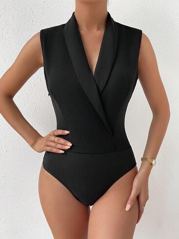OYOANGLE Women's Elegant Sleeveless V Neck Shawl Collar Wrap Front Work Office Bodysuit Top in Saudi Arabia