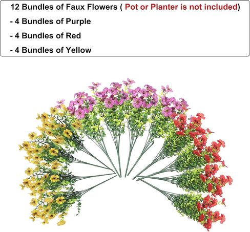 12 PCS Fake Greenery Shrubs Faux Flowers Plants Plastic Flowers for Decoration Colorful Silk Flowers with Eucalyptus Leaf Likely Artificial Eucalyptus Branches(Red, Purple, Yellow) in Saudi Arabia