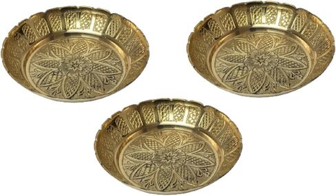 Set of 3 small Nakshi Plate, Decorative Brass Indian Prasad Plate Katori for Pooja Utensils Item Articles for Indian Traditional Festival Decorations Pooja Kit (Size:- 3" Diameter)(Gold) in Saudi Arabia