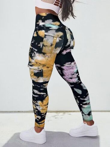 Flamingals Seamless Butt Lifting Leggings with Flap Pockets Workout Colorblock Cargo Leggings for Women in Saudi Arabia