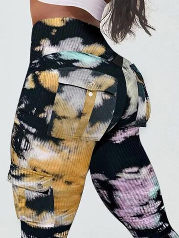Flamingals Seamless Butt Lifting Leggings with Flap Pockets Workout Colorblock Cargo Leggings for Women in Saudi Arabia