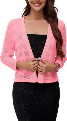 Satuun Women's 3/4 Sleeve Crochet Shrugs Lightweight Open Front Cropped Knit Cardigan Tops in Saudi Arabia