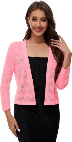 Satuun Women's 3/4 Sleeve Crochet Shrugs Lightweight Open Front Cropped Knit Cardigan Tops in Saudi Arabia