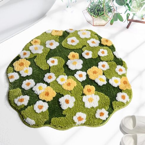 Moss Floral Bath Mat, Cute Plant Toilet Rug, Spring Flower Bathroom Rug, Green Aesthetic Shag Decor Rug, Soft Absorbent Non Slip Bathroom Mat for Wash Sink Bathtub Shower, 24"×16" in Saudi Arabia