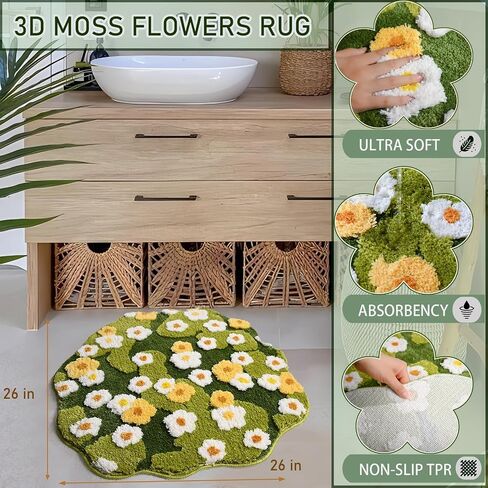 Moss Floral Bath Mat, Cute Plant Toilet Rug, Spring Flower Bathroom Rug, Green Aesthetic Shag Decor Rug, Soft Absorbent Non Slip Bathroom Mat for Wash Sink Bathtub Shower, 24"×16" in Saudi Arabia