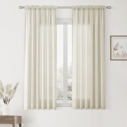 Olive Green Linen Semi Sheer Curtains 84 Inch Length for Living Bedroom 2 Panels Rod Pocket Light Filetring Privacy Linen Blend Cotton Textured Rustic Farmhouse Decor Drapes for Dining Room, W52xL84 in Kuwait