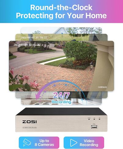 ZOSI 3K Lite 8CH Security Camera System with AI Human/Vehicle Detection,Night Vision,H.265+ 5MP 8Channel CCTV DVR with 1TB Hard Drive,8pcs 1920TVL 1080p Outdoor Indoor Cameras,for Home 24/7 Recording in Kuwait