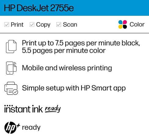 طابعة HP DeskJet 2855e اللاسلكية الكل في واحد ملونة نافثة للحبر، ماسح ضوئي، ناسخة، الأفضل للمنزل، 3 أشهر من الحبر (588S5A) in Saudi Arabia