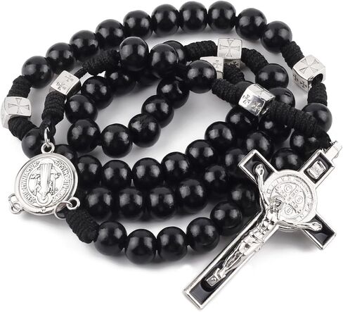 Luomu حبات المسبحة الخشبية السوداء مع خرز سانت بنديكت المعدني وقلادة مسبحة مع ميدالية وصليب للرجال in Kuwait